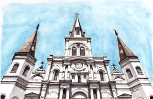 St. Louis Cathedral is a watercolor, pen and ink architecture painting of St. Louis Cathedral in worm's eye view at Jackson Square in New Orleans by Artist Esther BeLer Wodrich
