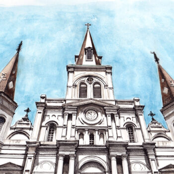 St. Louis Cathedral is a watercolor, pen and ink architecture painting of St. Louis Cathedral in worm's eye view at Jackson Square in New Orleans by Artist Esther BeLer Wodrich
