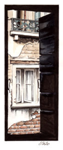 Venetian View is a watercolor, pen and ink architecture painting of view outside a hotel window in Venice, Italy by artist Esther BeLer Wodrich