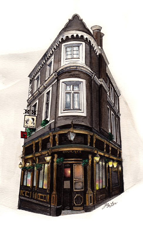 "Courage" is a watercolor, pen and ink architecture painitng of The Cockpit pub in London, England by artist Esther BeLer Wodrich