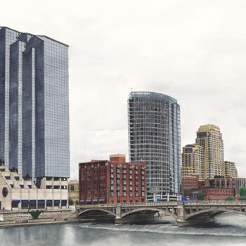 Visiting ArtPrize 2013 in watercolor, pen and ink is an architecture painting of part of downtown Grand Rapids by artist Esther BeLer Wodrich