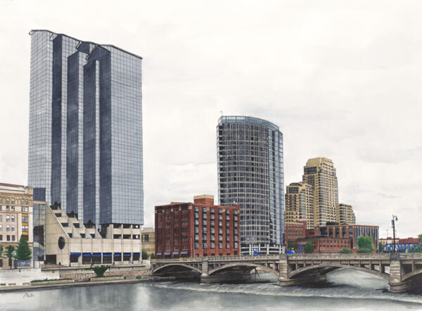Visiting ArtPrize 2013 in watercolor, pen and ink is an architecture painting of part of downtown Grand Rapids by artist Esther BeLer Wodrich