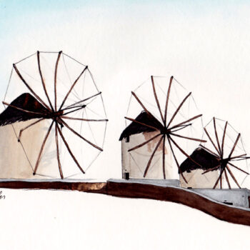 Windmills of Mykonos is a watercolor, pen and ink architecture painting of the windmills at the island of Mykonos, Greece by artist Esther BeLer Wodrich