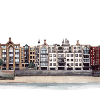 View from the Thames is a watercolor, pen and ink architecture painting of building along the bank of the Thames, including appearance of St Paul's Cathedral in London, UK. By artist Esther BeLer Wodrich