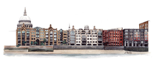 View from the Thames is a watercolor, pen and ink architecture painting of building along the bank of the Thames, including appearance of St Paul's Cathedral in London, UK. By artist Esther BeLer Wodrich