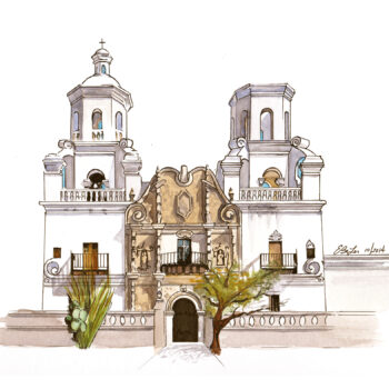 Watercolor, pen and ink architecture artwork of San Xavier Mission in Tucson, Arizona by artist Esther BeLer Wodrich