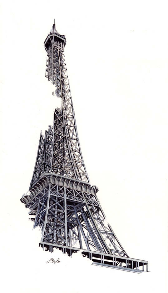 La Tour Eiffel is a watercolor, pen and ink architecture painting of the Eiffel Tower in Paris France by artist Esther BeLer Wodrich