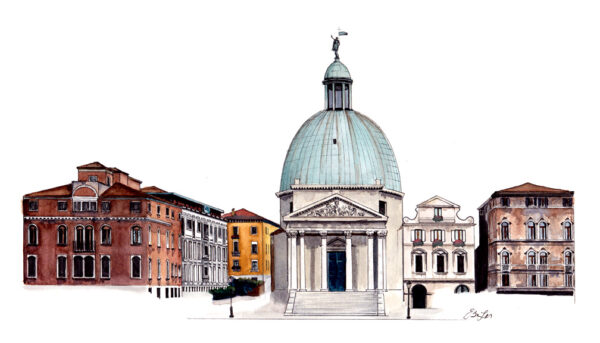 Santa Croce is watercolor, pen and ink architecture painting of San Simeone Piccolo and part of Santa Croce in Venice, Italy by artist Esther BeLer Wodrich