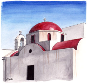 Red dome church on Mykonos, Greece by artist Esther BeLer Wodrich