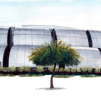 Architecture artwork of University of Phoenix, Arizona Cardinals Stadium in watercolor, pen and ink by artist Esther BeLer Wodrich
