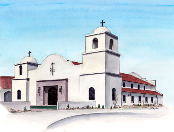 Watercolor, pen and ink architecture drawing of King of Kings Church in Goodyear Arizona by artist Esther BeLer Wodrich