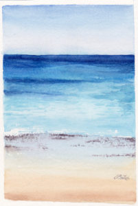 The Water on Mykonos is a watercolor painting of sand and ocean at a beach in Mykonos Greece by artist Esther BeLer Wodrich