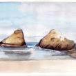 Oregon Rocks is a watercolor painting of large rocks in the ocean by the beach in Oregon by artist Esther BeLer Wodrich