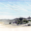 Contrails is a watercolor painting of a desert landscape with condensation trails in the sky by artist Esther BeLer Wodrich