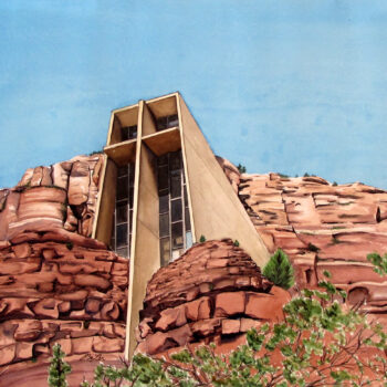 Watercolor, pen and ink architecture painting of the Chapel of the Holy Cross in Sedona, Arizona by artist Esther BeLer Wodrich