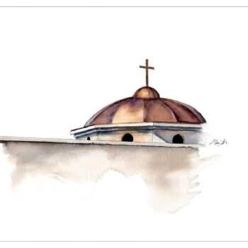 Dome of the Diocese of Phoenix is a watercolor, pen and ink painting of the copper dome of the Roman Catholic Diocese of Phoenix by artist Esther BeLer Wodrich.