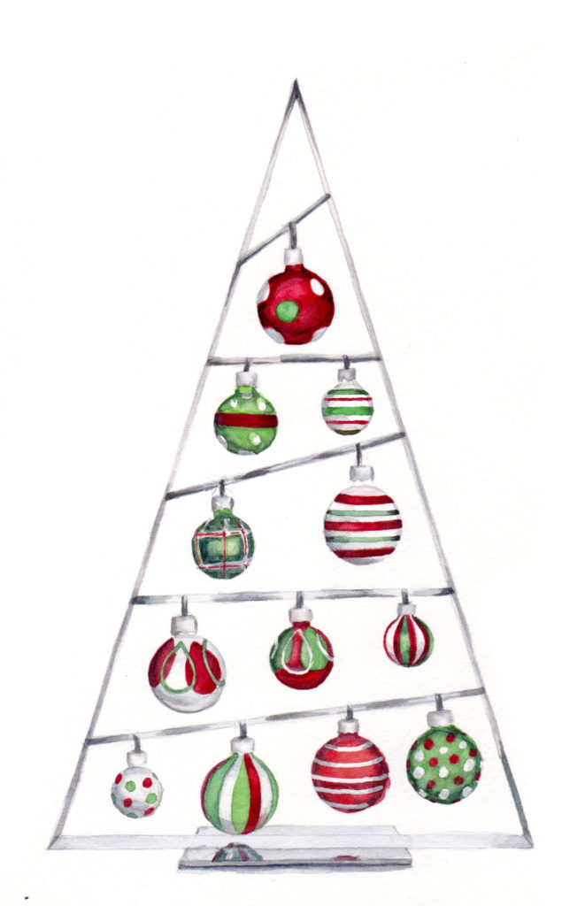 12 Shiny Ornaments - the Twelth Day of Christmas watercolor by artist Esther BeLer Wodrich