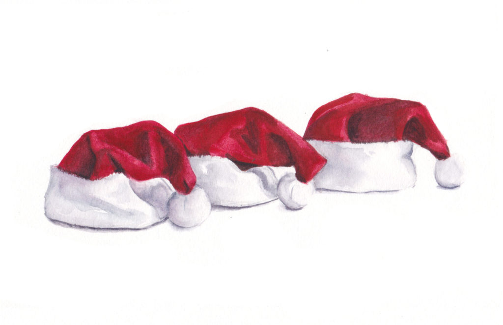 3 Santa Hats - the Third Day of Christmas watercolor by artist Esther BeLer Wodrich
