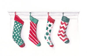 4 Hanging Stockings - the Fourth Day of Christmas watercolor by artist Esther BeLer Wodrich