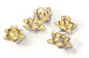 5 Golden Bows - the Fifth Day of Christmas watercolor by artist Esther BeLer Wodrich