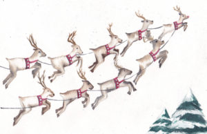 9 Flying Reindeer - the Ninth Day of Christmas watercolor by artist Esther BeLer Wodrich