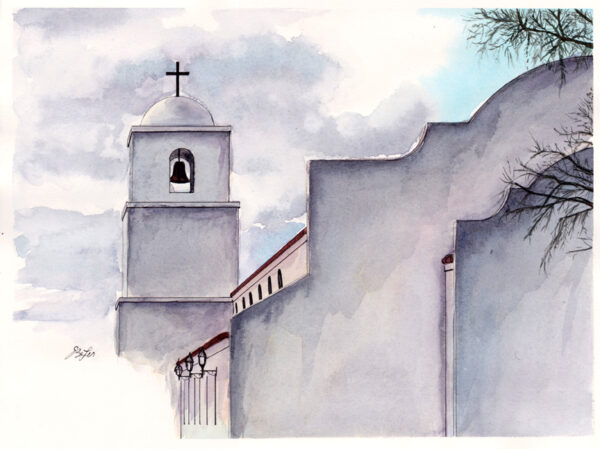 "Clouds Over King of Kings" is a watercolor, pen and ink of part of the back side of King of Kings church in Goodyear, Arizona by artist Esther BeLer Wodrich.