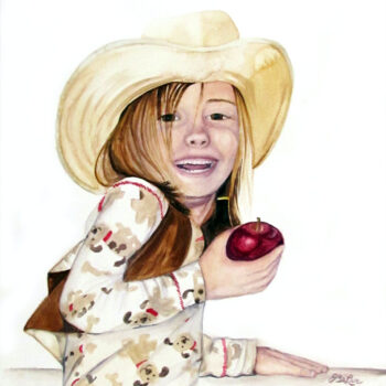 Cow Belle is a watercolor painting on aquabord of a little girl in a cowboy hat and dog pajamas holding an apple by artist Esther BeLer Wodrich