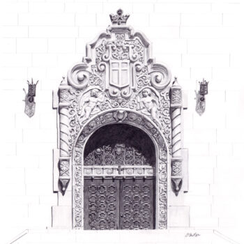"First Presbyterian Entrance" is a graphite pencil drawing of the entrance to the historic First Presbyterian church in downtown Phoenix, Arizona by artest Esther BeLer Wodrich