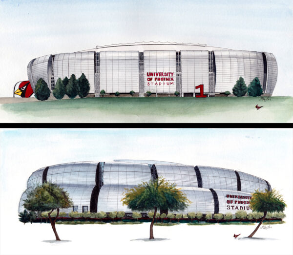 "Cardinal's Stadium" is a 2 part architecture watercolor, pen and ink painting of the front and back side of the Arizona Cardinal's Football stadium in Glendale, AZ by artist Esther BeLer Wodrich