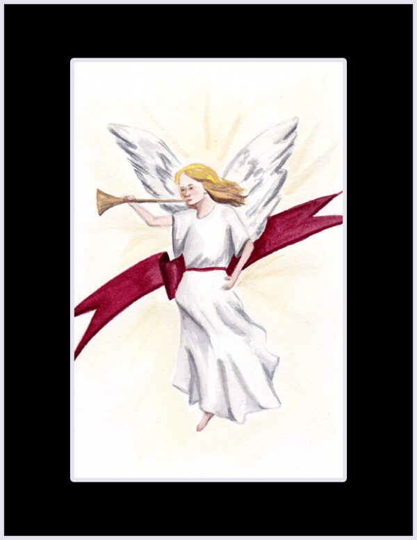"1 Heralding Angel" is an original watercolor of an angel with red sash and trumpet from the 12 Days of Christmas series by artist Esther BeLer Wodrich