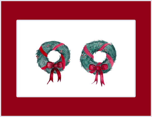 "2 Christmas Wreaths" is an original watercolor of 2 wreaths with greenery and red bowsfrom the 12 Days of Christmas series by artist Esther BeLer Wodrich