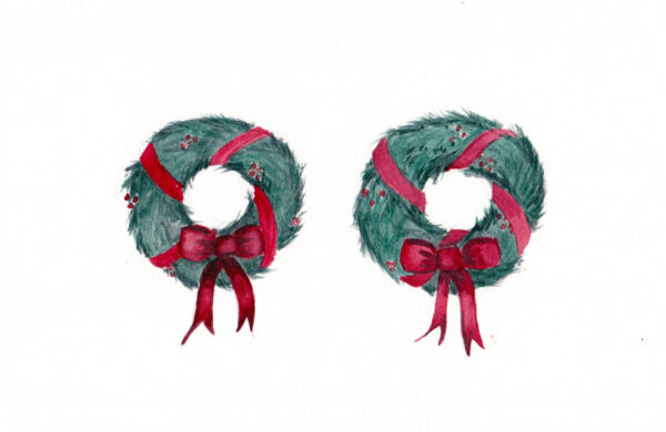 "2 Christmas Wreaths" is an original watercolor of 2 wreaths with greenery and red bowsfrom the 12 Days of Christmas series by artist Esther BeLer Wodrich