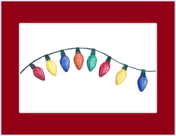"8 Colorful Lights" is an original watercolor of a strand of colorful Christmas lights from the 12 Days of Christmas series by artist Esther BeLer Wodrich