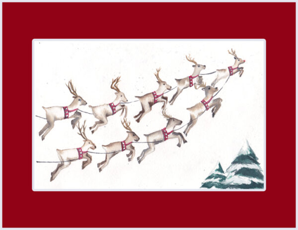 "9 Flying Reindeer" is an original Christmas watercolor of 9 flying reindeer from the 12 Days of Christmas series by artist Esther BeLer Wodrich