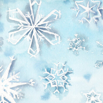 "11 Falling Snowflakes" is an original watercolor of snowflakes on a blue background from the 12 Days of Christmas series by artist Esther BeLer Wodrich