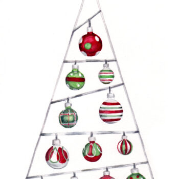 Original Christmas watercolor of "12 Shiny Ornaments" from the 12 days of Christmas series by artist Esther BeLer Wodrich