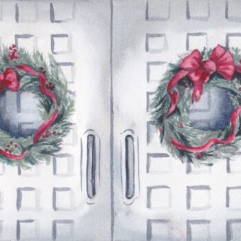 “Christmas Doors” is an original watercolor of 2 greenery wreaths and red bows hung on grey doors