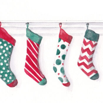 "4 Hanging Stockings" is an original watercolor of stockings hung on a fireplace from the 12 Days of Christmas series by artist Esther BeLer Wodrich