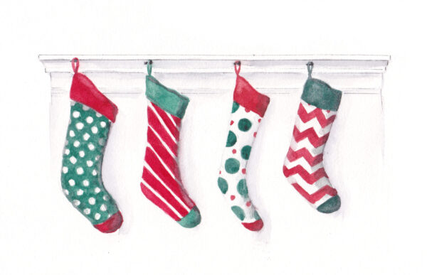 "4 Hanging Stockings" is an original watercolor of stockings hung on a fireplace from the 12 Days of Christmas series by artist Esther BeLer Wodrich