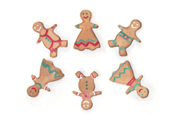 "6 Gingerbread People" is an original watercolor of 6 gingerbread cookie men and women from the 12 Days of Christmas series by artist Esther BeLer Wodrich