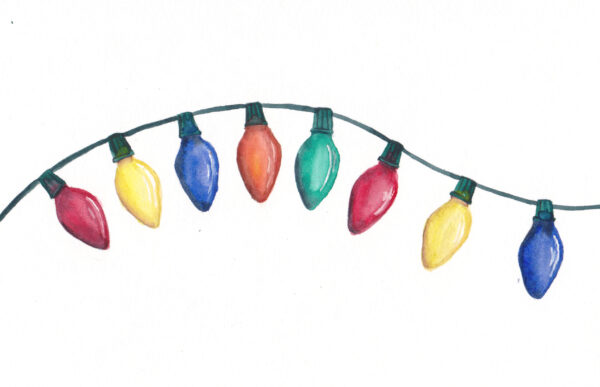 "8 Colorful Lights" is an original watercolor of a strand of colorful Christmas lights from the 12 Days of Christmas series by artist Esther BeLer Wodrich