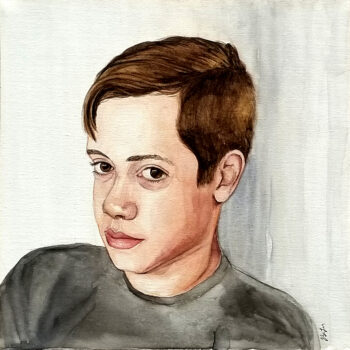 "Christian, Age 13" is a watercolor portrait painting of a young teen boy by artist Esther BeLer Wodrich