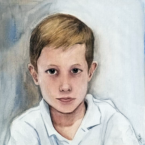 "Peter, Age 7" is a watercolor portrait painting of a straight faced young boy by artist Esther BeLer Wodrich