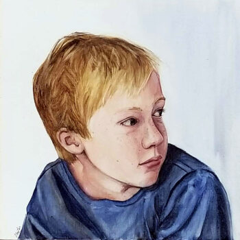 "Thomas, Age 10" is a watercolor portrait painting of a boy with freckles looking to his left by artist Esther BeLer Wodrich