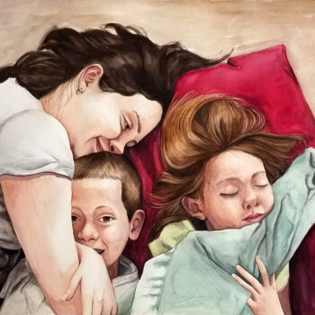 "One Lazy Afternoon" is a figurative watercolor artwork of a mom and 2 children snuggling by artist Esther BeLer Wodrich