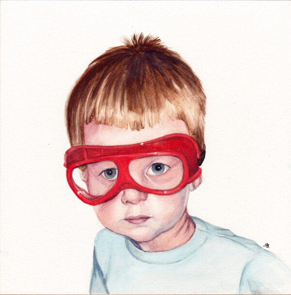 "Safety Goggles" is a realistic watercolor portrait on aquabord of a young blond boy wearing orange goggles by artist Esther BeLer Wodrich