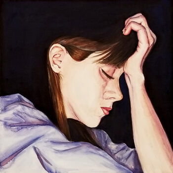 "Exhausted" is a watercolor portrait on aquabord of a woman/mom in a state of exhaustion by artist Esther BeLer Wodrich