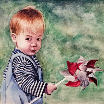 "Pinwheel" is a watercolor portrait of a toddler boy holding a pinwheel by artist Esther BeLer Wodrich