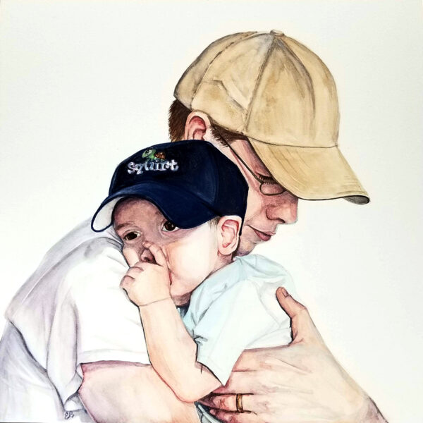 "Squirt" is a realistic watercolor portrait of father holding his thumb-sucking son on aquabord by artist Esther BeLer Wodrich