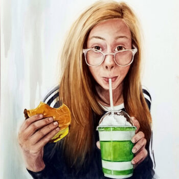 "Burger and a Shake" is a figurative watercolor on aquabord of a young girl with glasses drinking a milk shake and holding a burger by artist Esther BeLer Wodrich